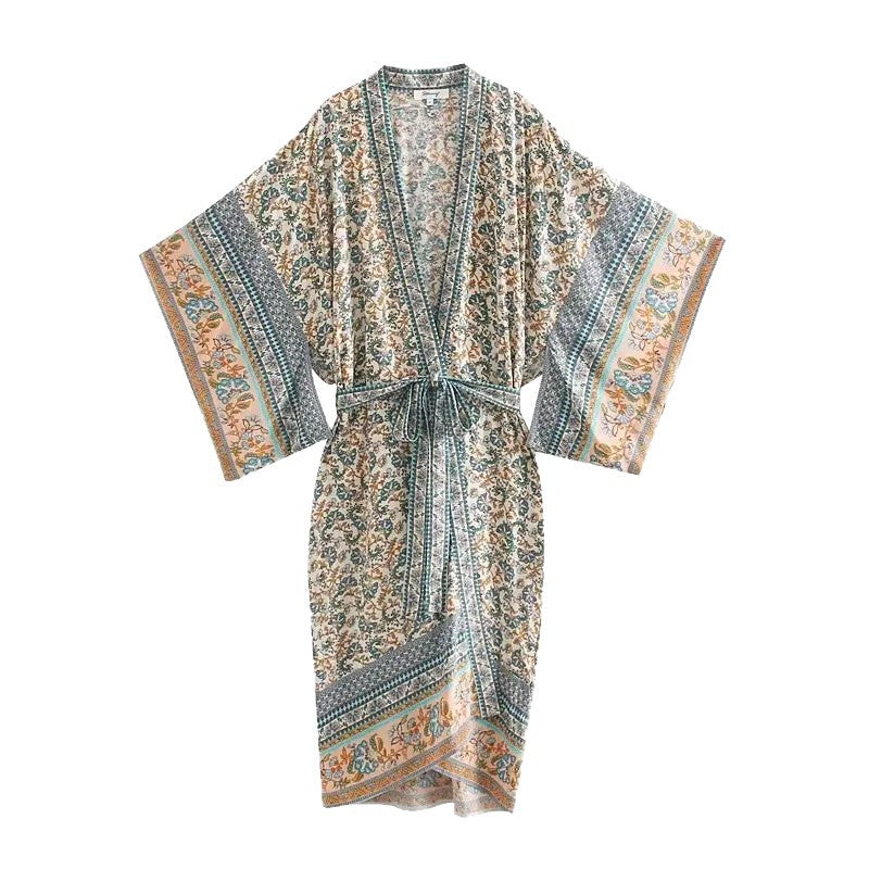 Women's Lightweight Boho Kimono Bathrobe with Belt and Floral Allover Print Mune Fashion