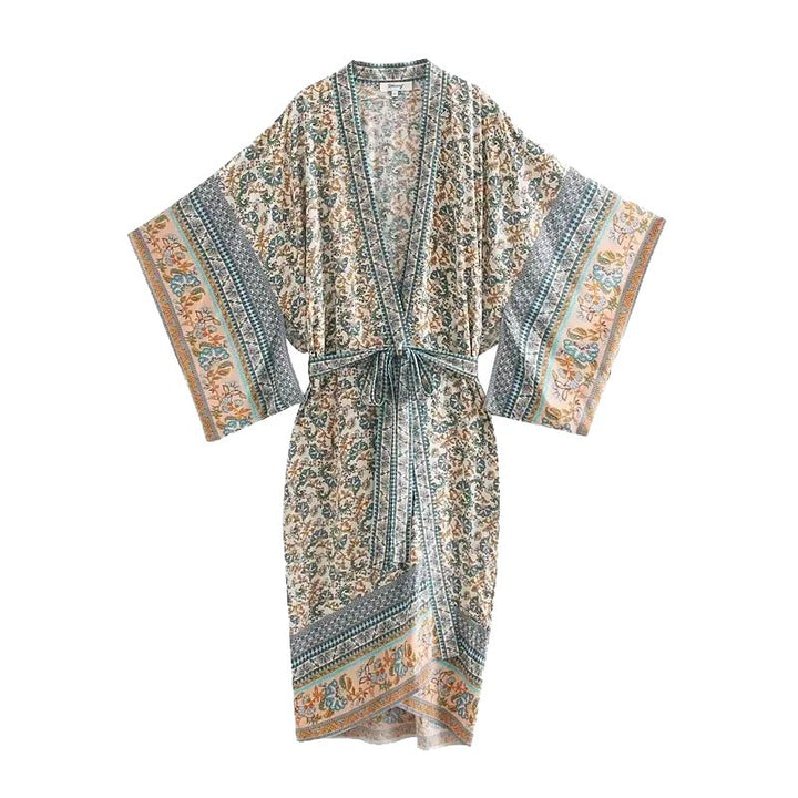 Women's Lightweight Boho Kimono Bathrobe with Belt and Floral Allover Print Mune Fashion