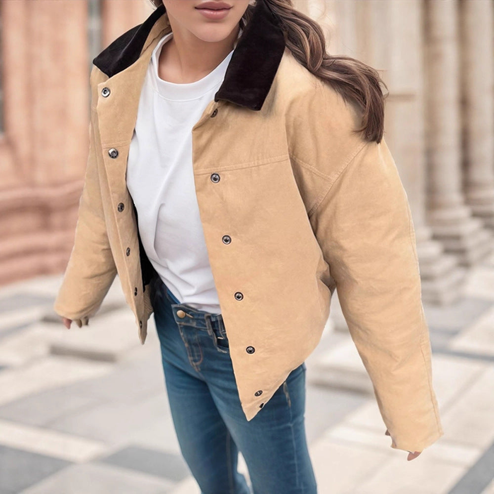Women's Short Cord Workwear Blouson with Contrast Collar Mune Fashion