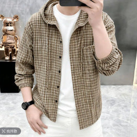 Men's Oversized Checkered Shirt with Hood, Drawstring & Concealed Button Placket Mune Fashion