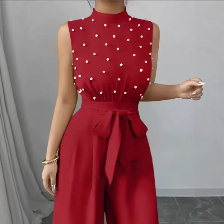 Women's Elegant Jumpsuit with Pearl Embellishment, Stand Collar and Wide Palazzo Leg Mune Fashion