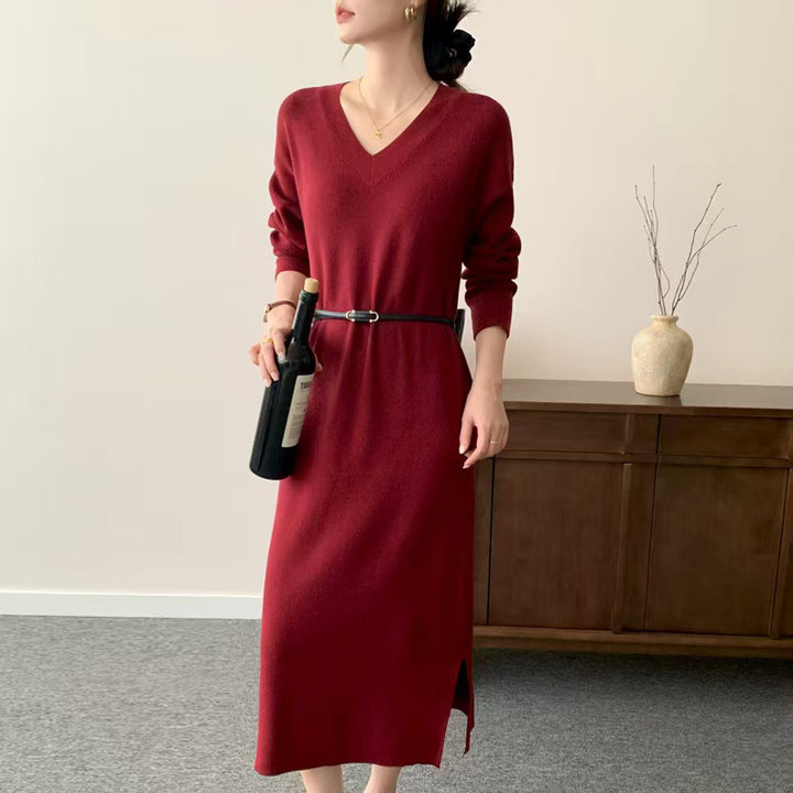 Women Long Fine Knit Midi Dress with V-Neck, Side Slit, and Relaxed Silhouette Mune Fashion
