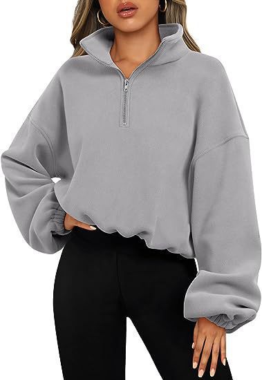 Women's cropped half-zip sweatshirt with high standing collar, balloon sleeves and elastic hem Mune Fashion