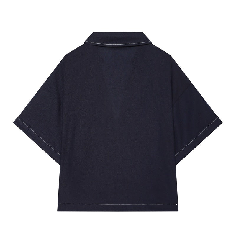 Women Boxy Shirt Blouse with Open V-Neck, Short Oversized Sleeve and Contrast Stitch Mune Fashion