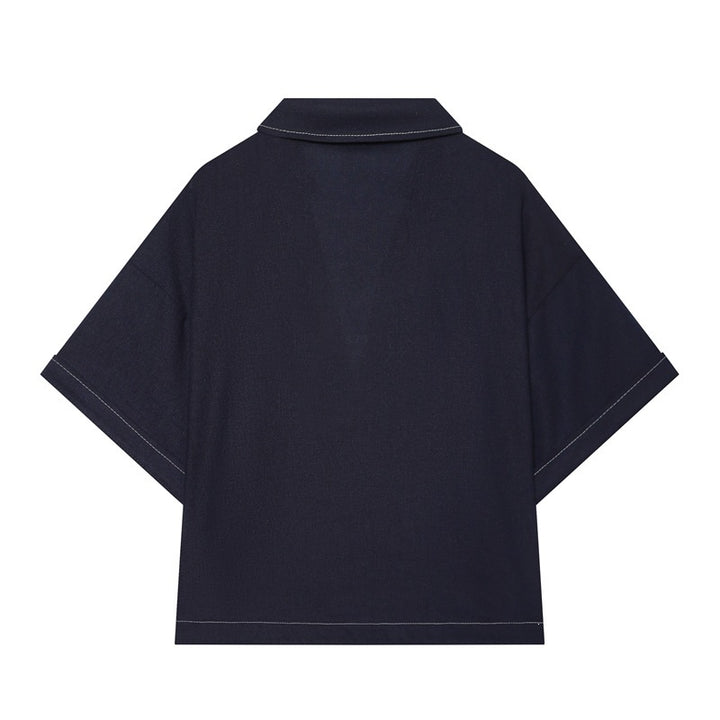 Women Boxy Shirt Blouse with Open V-Neck, Short Oversized Sleeve and Contrast Stitch Mune Fashion