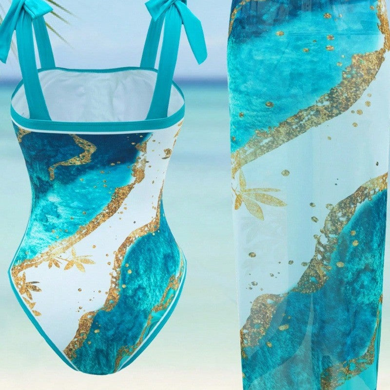 Women Elegant One-Piece Swimsuit with Matching Beach Skirt Mune Fashion
