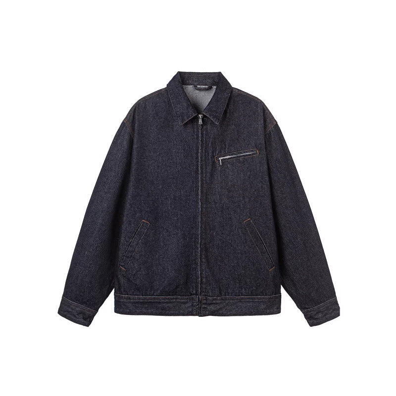 Men's Boxy Denim Jacket with Full Zip, Chest Zip Pocket and Shirt Collar Mune Fashion