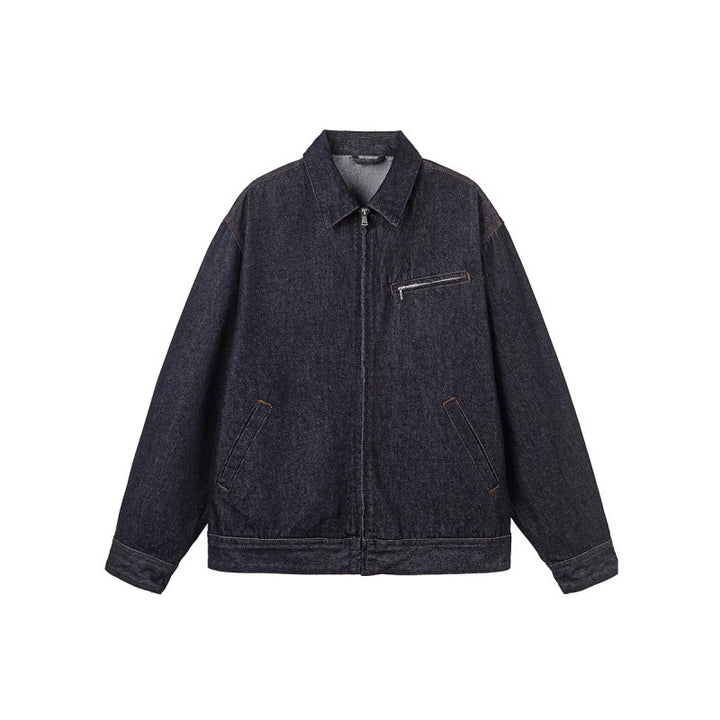 Men's Boxy Denim Jacket with Full Zip, Chest Zip Pocket and Shirt Collar Mune Fashion