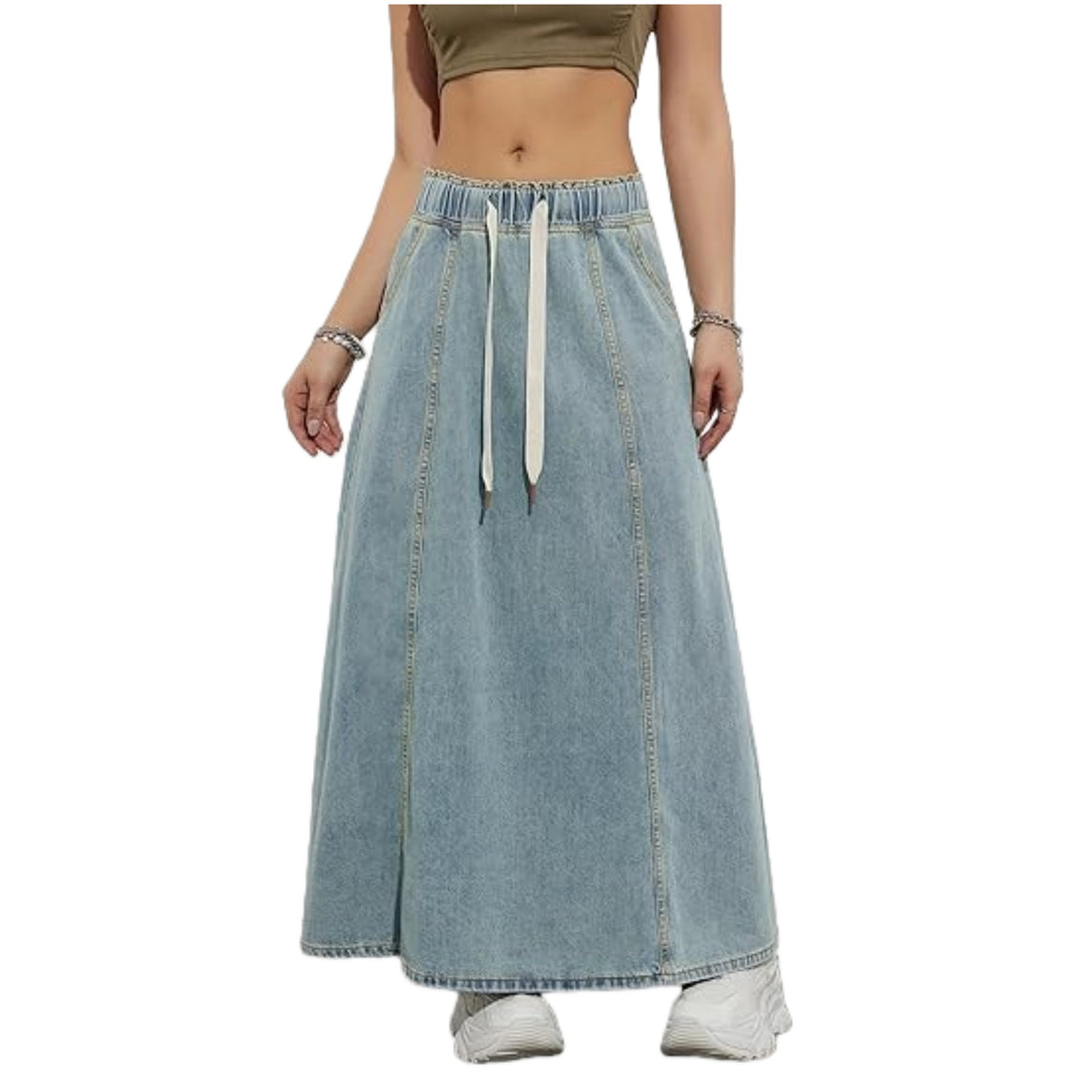 Women Longer A-Line Denim Skirt with Elastic Waistband and Cord Mune Fashion
