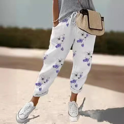 Women's linen jogger pants with drawstring, loose tapered fit and rolled hems Mune Fashion