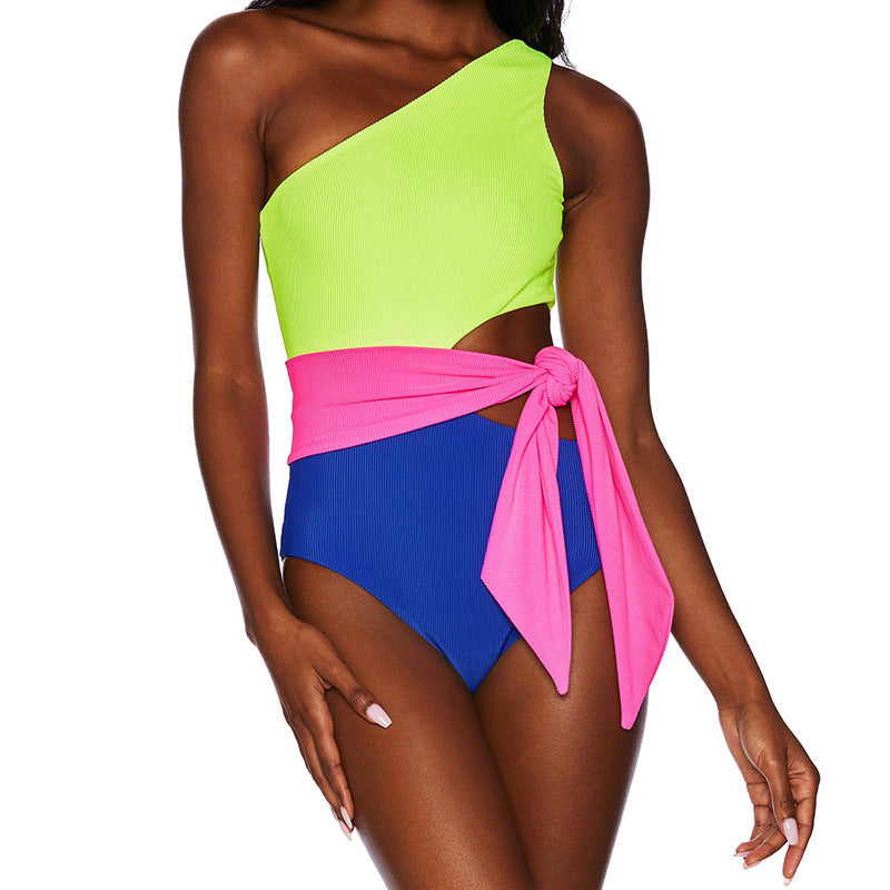 Women's One-Piece Swimsuit with Asymmetrical Design and Fashionable Wrap Waist Mune Fashion