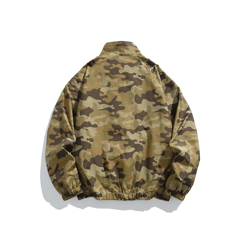 Unisex Lightweight Camo Windbreaker with High Stand Collar, Chest Zip and Elastic Hem Mune Fashion