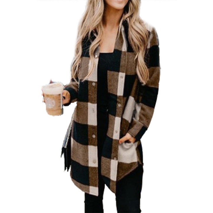 Women's Casual Long Blouse In Check Design with Button Placket Mune