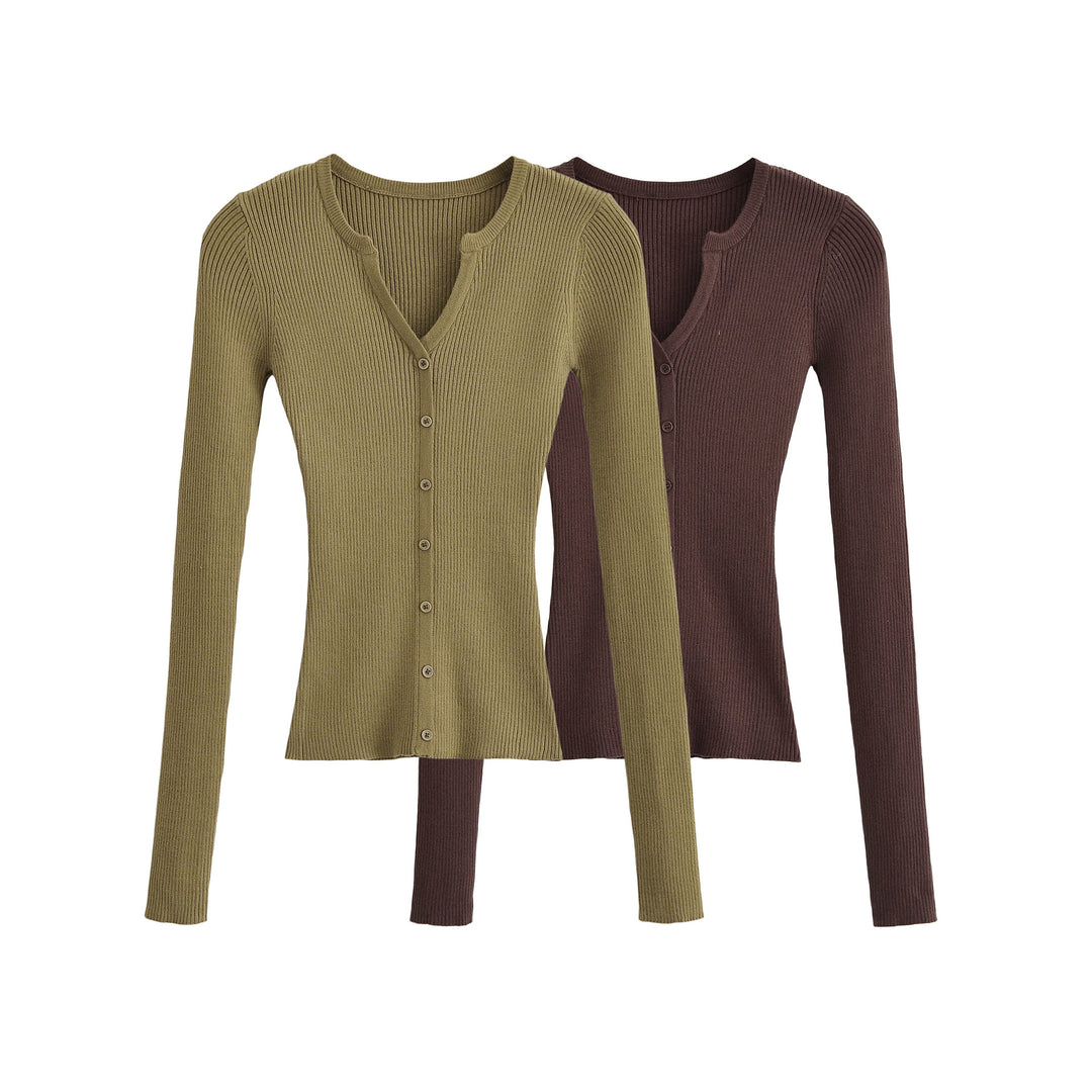 Women's Ribbed Fine Knit Cardigan with Deep V-Neck and Button Placket Mune Fashion