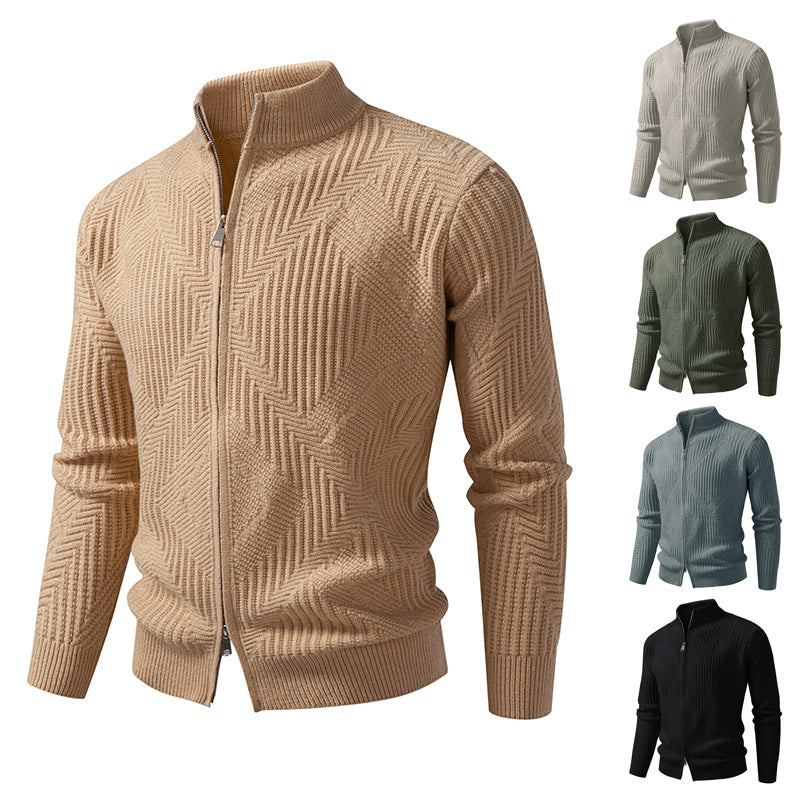 Men's zip cardigan with geometric herringbone knit and stand-up collar Mune Fashion