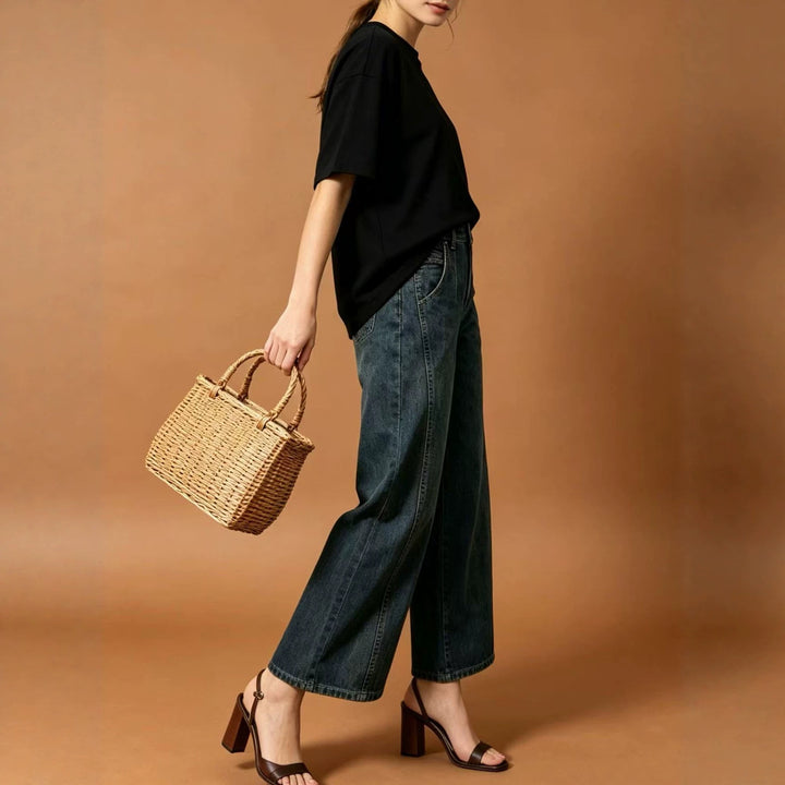 Women high waist pleated wide leg denim pants with cropped leg and decorative front pleats Mune Fashion
