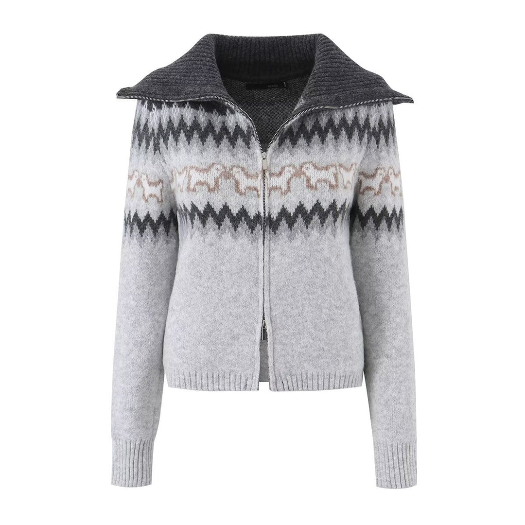 Women's Knitted Zip Cardigan with Norwegian Pattern and Extra Wide Turn-Down Collar Mune Fashion