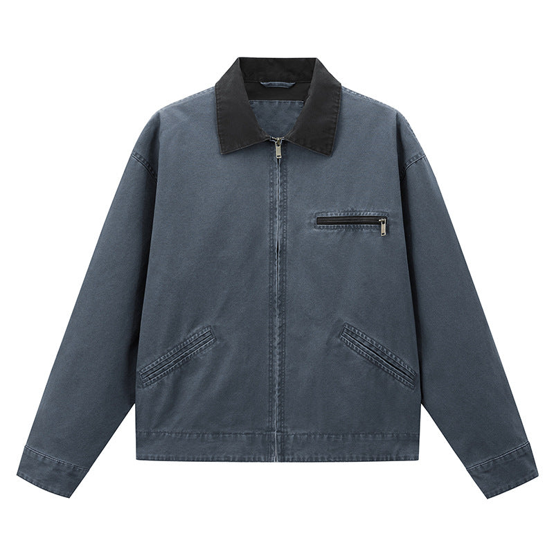 Men's  vintage-inspired zip-front workwear jacket with contrast collar and angled welt pockets Mune Fashion