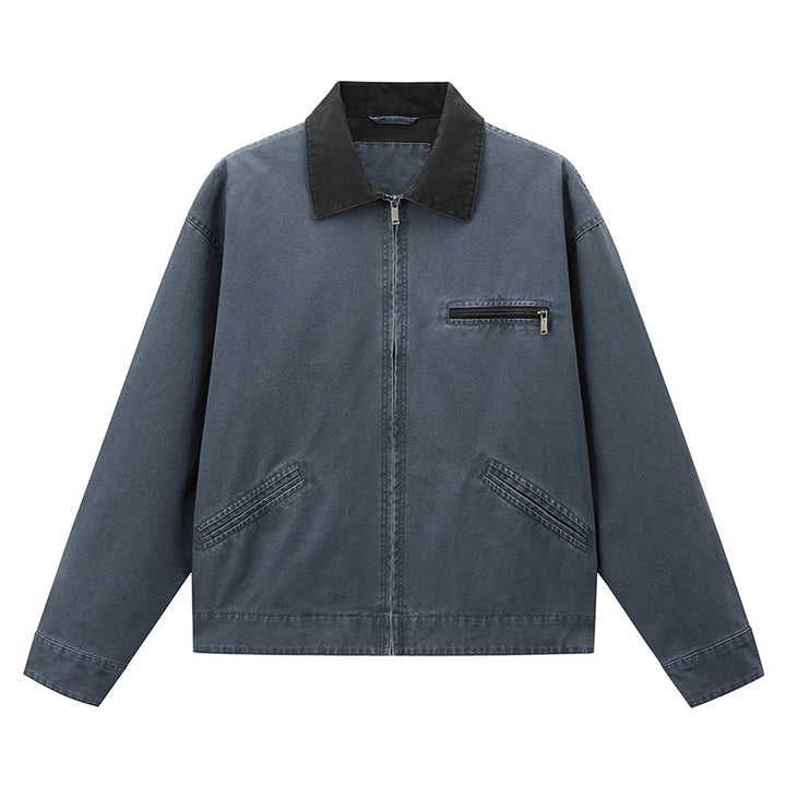 Men's  vintage-inspired zip-front workwear jacket with contrast collar and angled welt pockets Mune Fashion