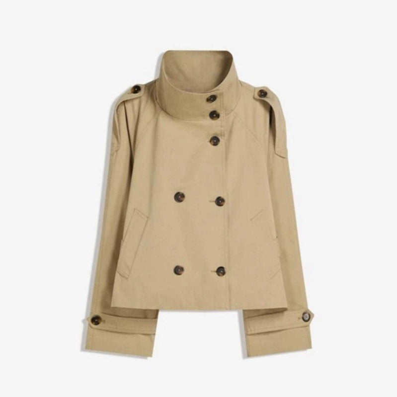 Women's Short Cut Trench Cape with Removable Sleeves, Stand-Up Collar and Double-Breasted Mune Fashion