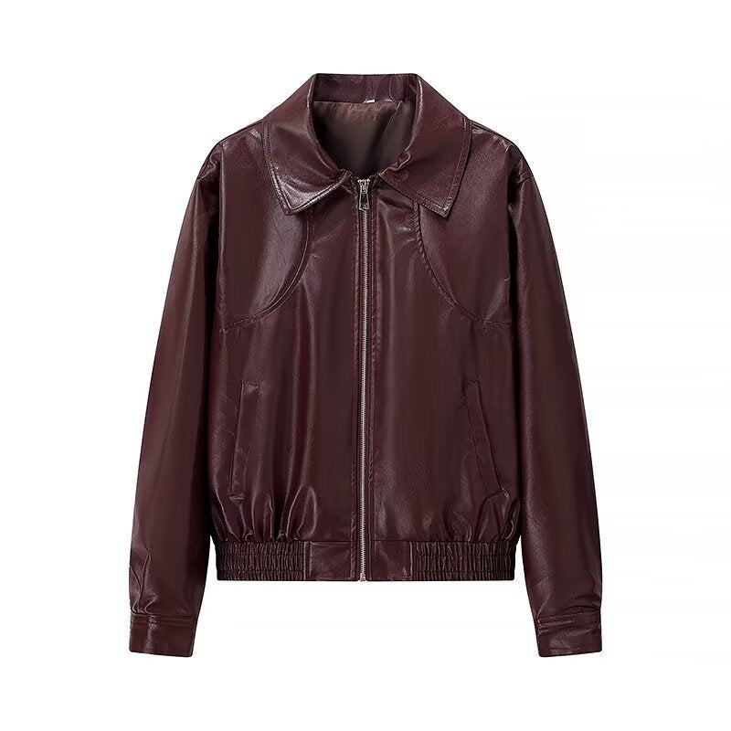 Women Short Cut Leather Look Jacket with Emphasized Shoulders, Zipper and Shirt Collar Mune Fashion