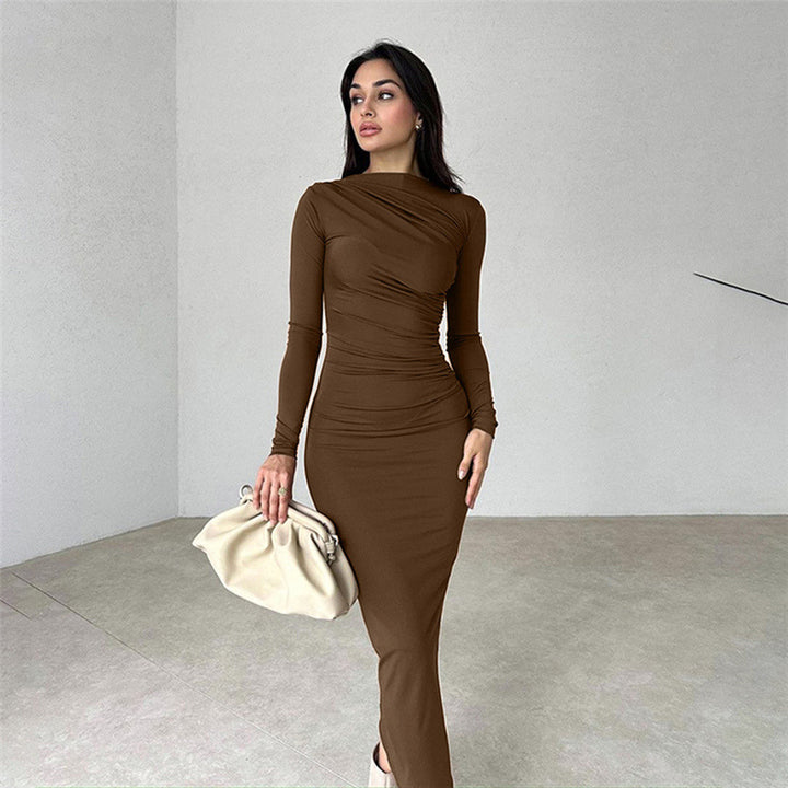 Women's gathered maxi dress with asymmetrical neckline and fitted silhouette Mune Fashion