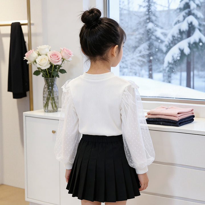 Girls elegant blouse with floral appliqués and transparent lace Mune Fashion