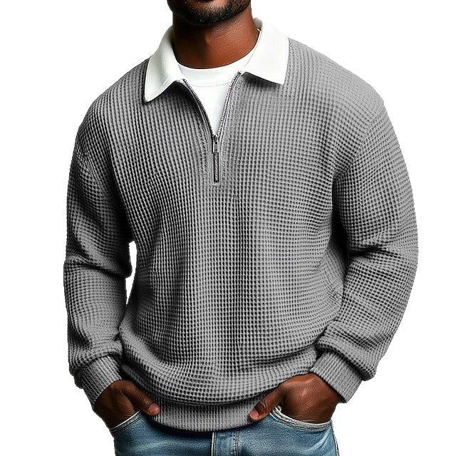 Men's structured waffle knit pullover with polo collar and short zipper Mune Fashion