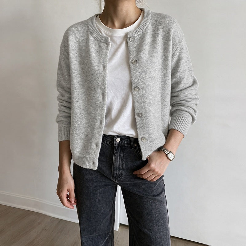 Women's Cropped Cozy Knit Cardigan with Round Neck, Pearl Button Placket, and Ribbed Finishes Mune Fashion