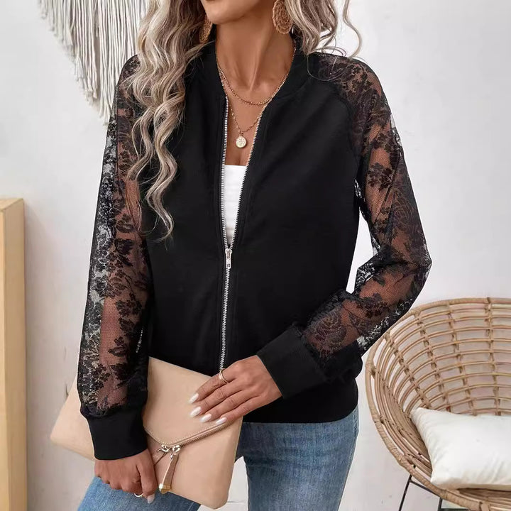 Women's lightweight bomber jacket with floral lace sleeves and zipper Mune Fashion