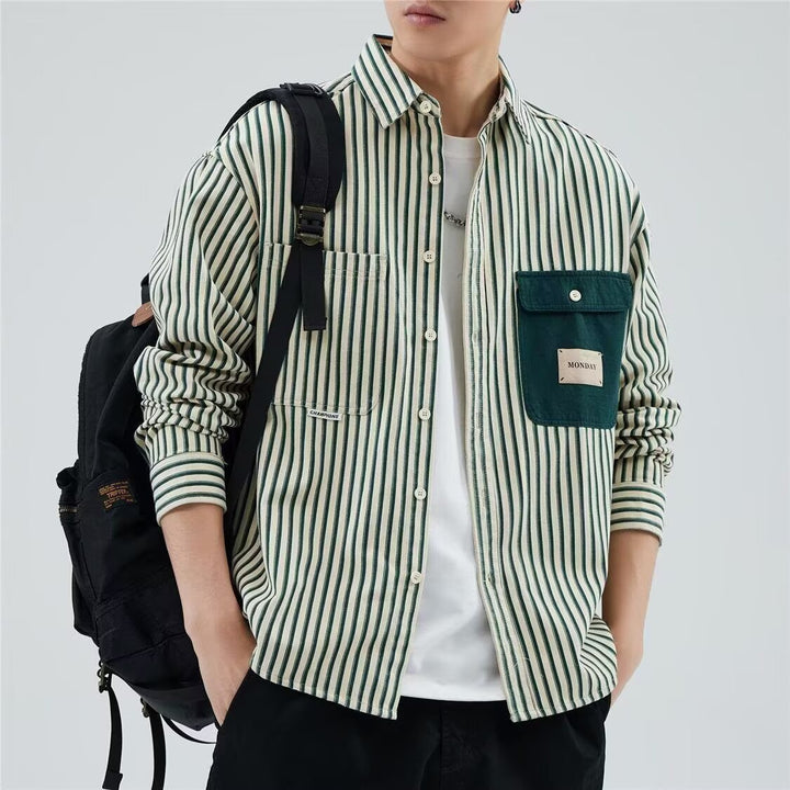 Men Striped Overshirt in Workwear Style with Contrasting Chest Pocket Mune Fashion