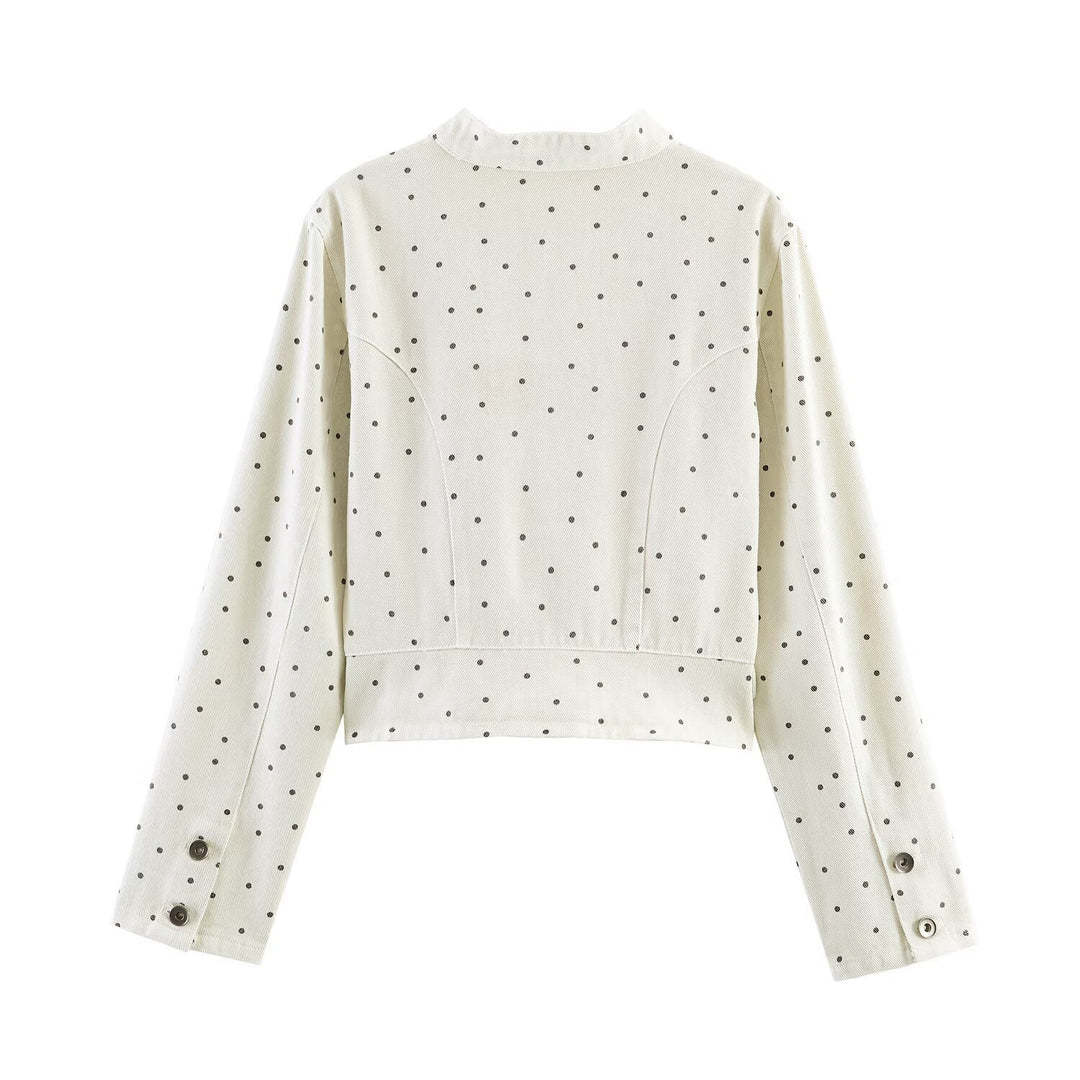 Women Dotted Cropped Jacket with Stand Collar, Zip and Patch Pockets Mune Fashion