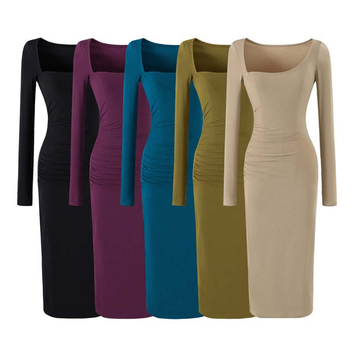 Women's Figure-hugging Midi Dress with Deep Round Neckline, Long Sleeves, and Side Gatherings