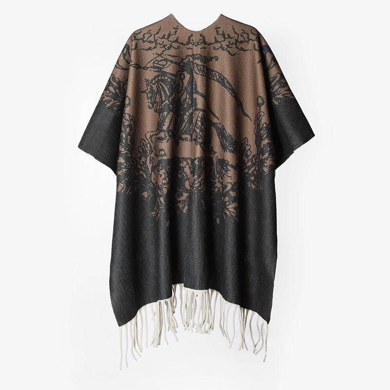 Women's Oversize Cape Poncho in Rectangular Cut with Fringed Hem and Double-Layered Jacquard Lining Mune Fashion