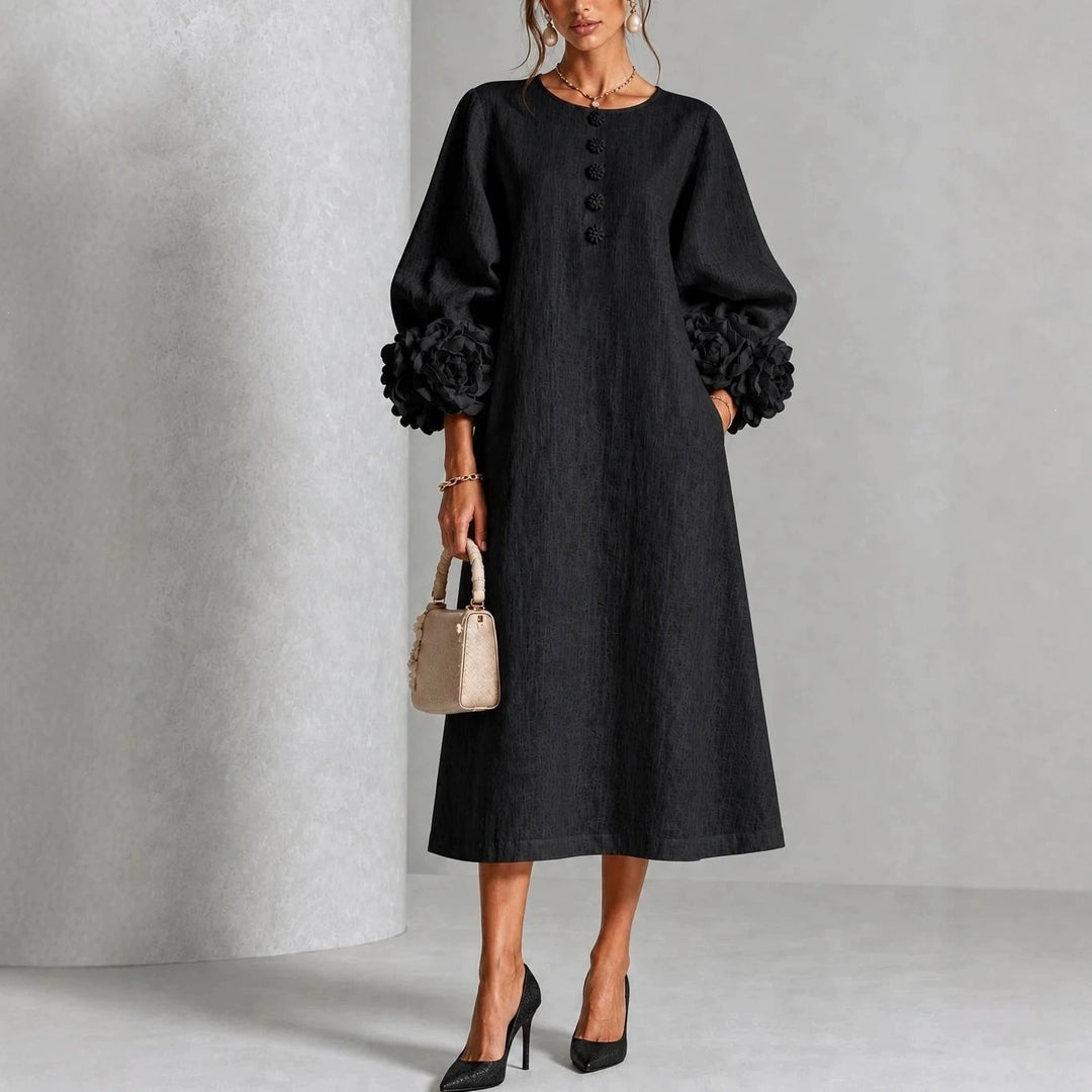 Women's midi dress made of linen with balloon sleeves and 3D flower cuffs Mune Fashion