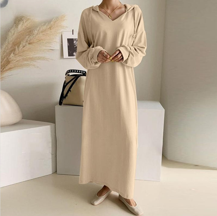 Women's casual hooded maxi dress with V-neck, long sleeves, loose straight cut, and elastic cuffs Mune Fashion