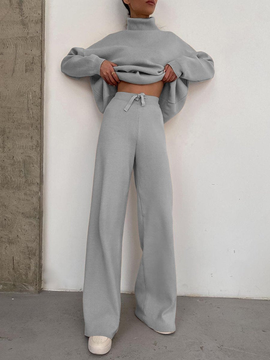 Women Wide Knit Pants with High Waist, Drawstring, and Wide Leg Mune Fashion