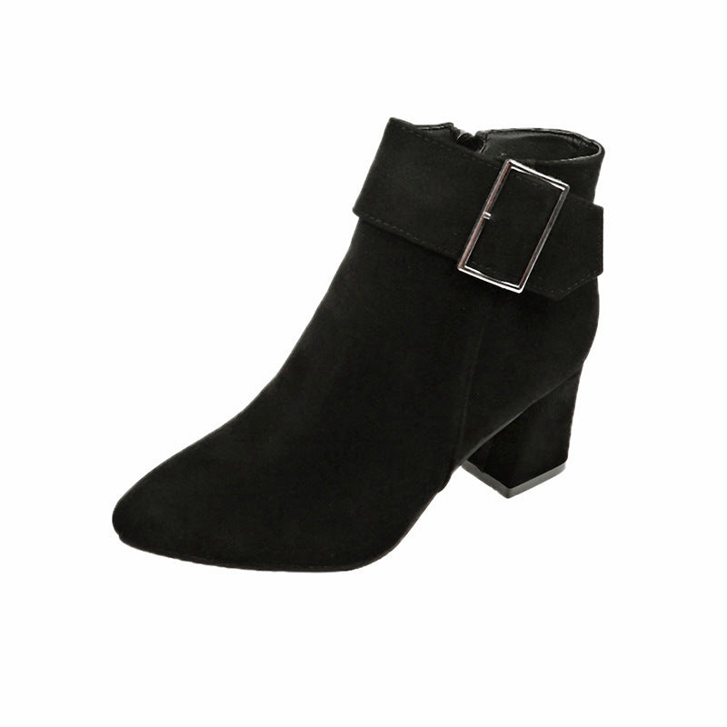 Women's elegant suede look ankle boot with mid-high block heel and wide buckle strap Mune Fashion