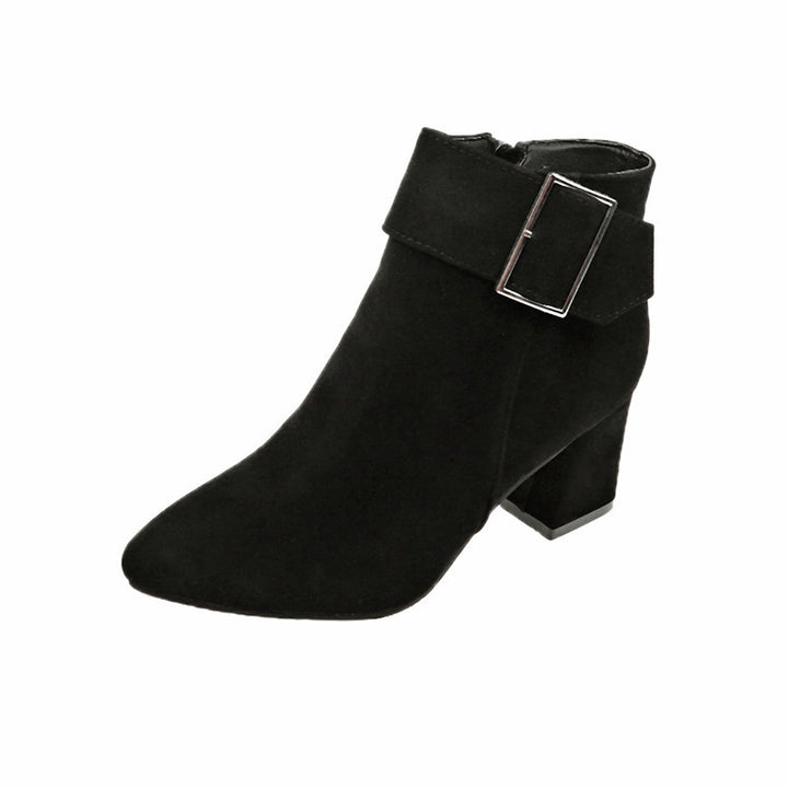 Women's elegant suede look ankle boot with mid-high block heel and wide buckle strap Mune Fashion