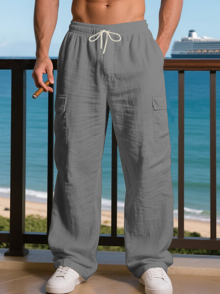 Men's Loose Linen Cargo Casual Pants with Drawstring Waist and Side Patch Pockets Mune Fashion