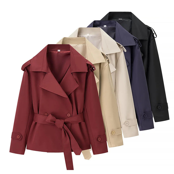 Ladies nan shortened double-breasted trench coat with tie belt shoulder flaps and cuff fasteners Mune Fashion