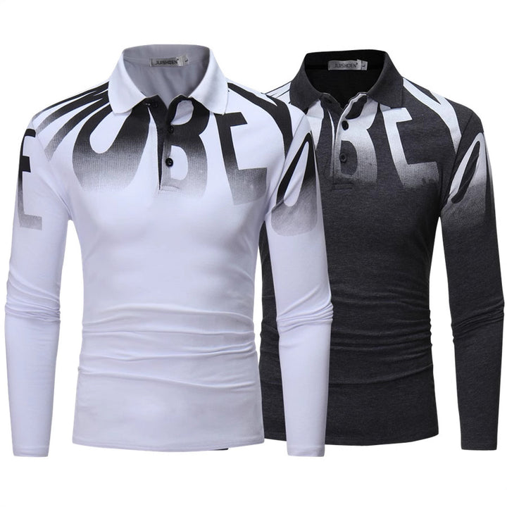Men's Slim-Fit Long Sleeve Polo Shirt with large typographic print, stretch comfort, and tailored silhouette Mune Fashion