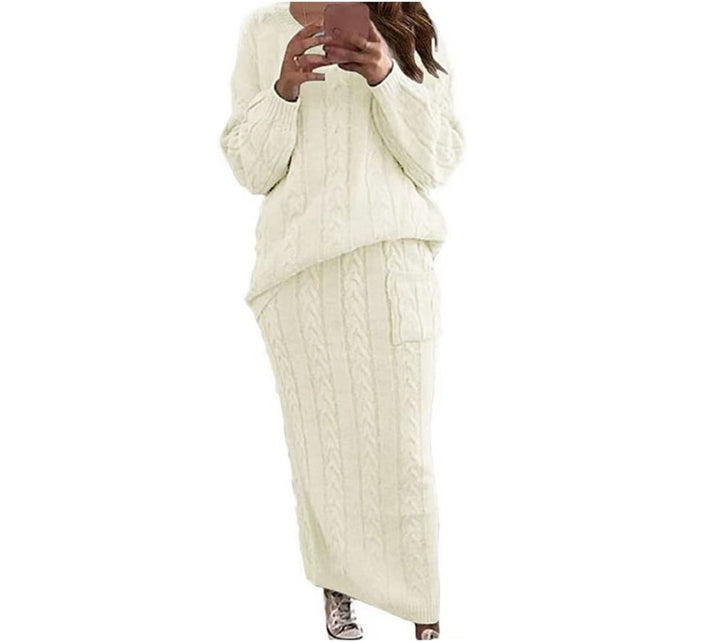 Women’s knitted set oversized cable knit sweater and maxi pencil skirt with patch pocket Mune Fashion
