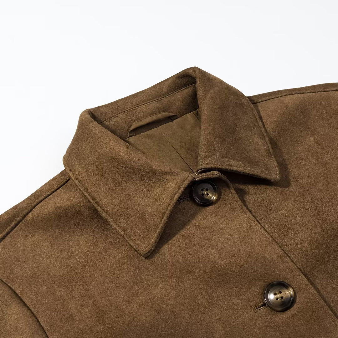 Women's short cut suede look jacket with shirt collar and button placket Mune Fashion