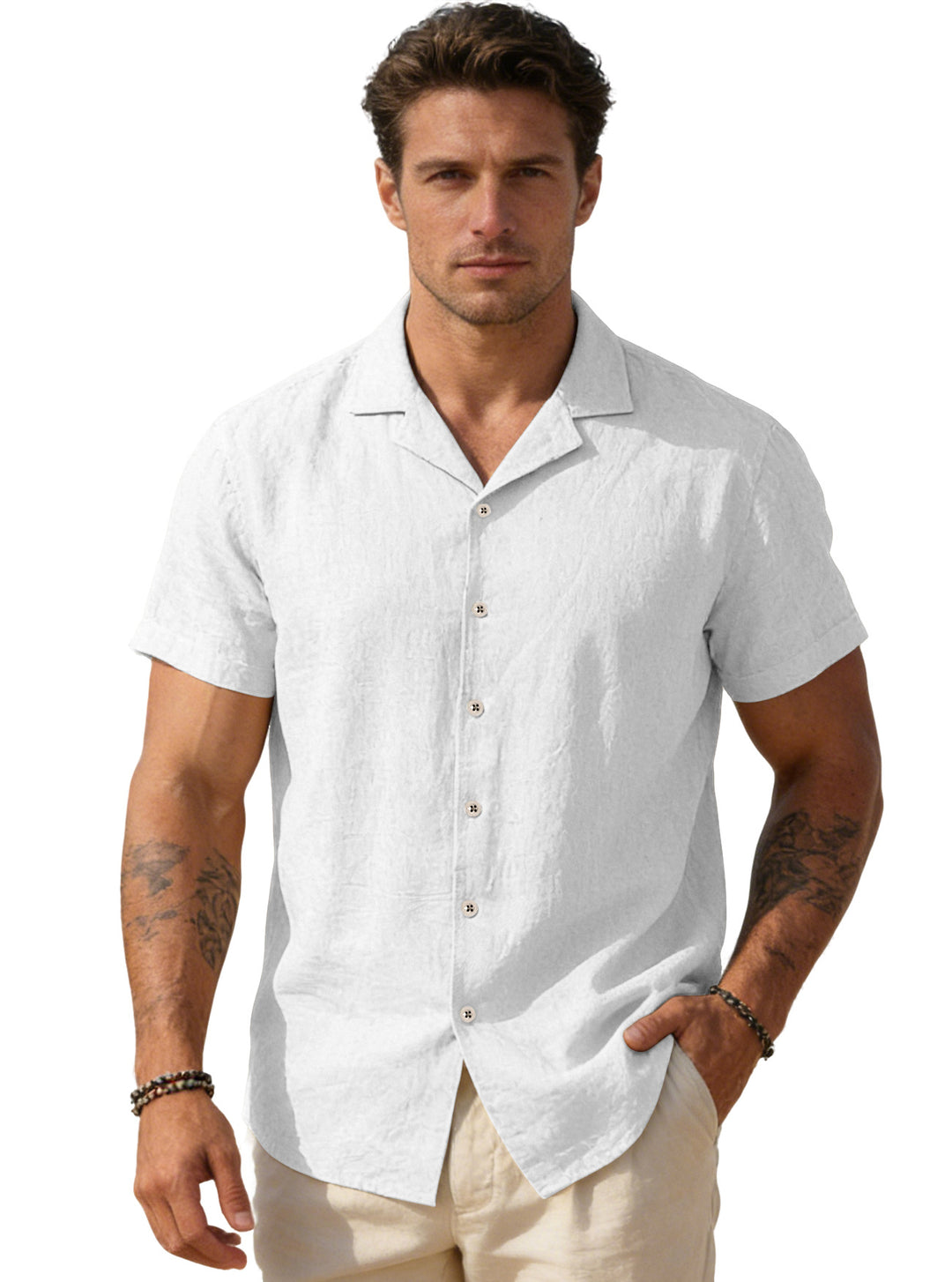 Men's airy linen camp shirt with open lapel collar short sleeve and relaxed summer fit Mune Fashion