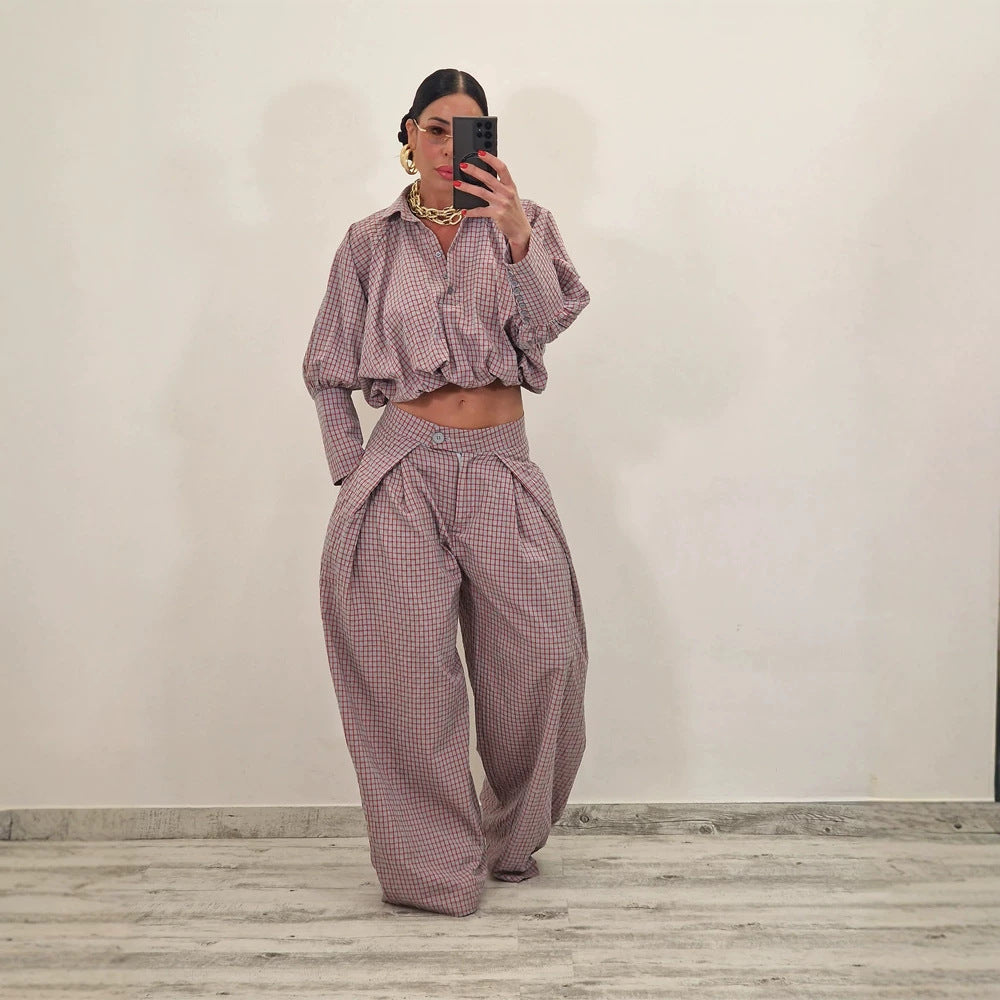 Women's Two-Piece Checked Set with Cropped Oversized Shirt and Wide Pleated Trousers Mune Fashion