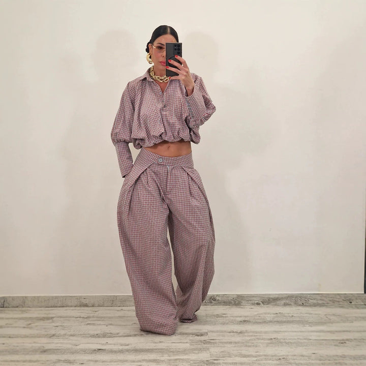 Women's Two-Piece Checked Set with Cropped Oversized Shirt and Wide Pleated Trousers Mune Fashion
