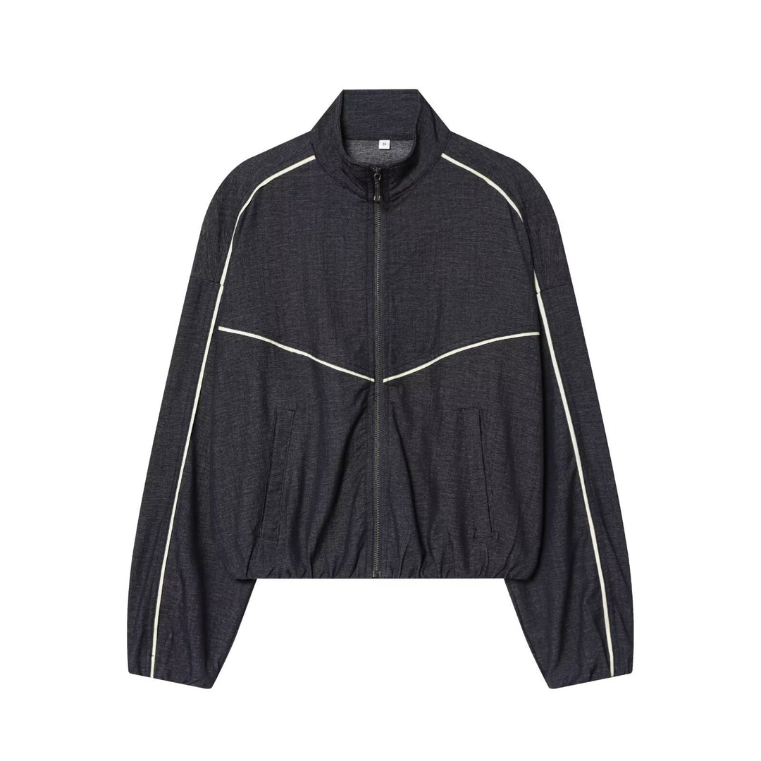 Women's Cropped Track Jacket with Stand Collar and Contrast Piping Mune Fashion