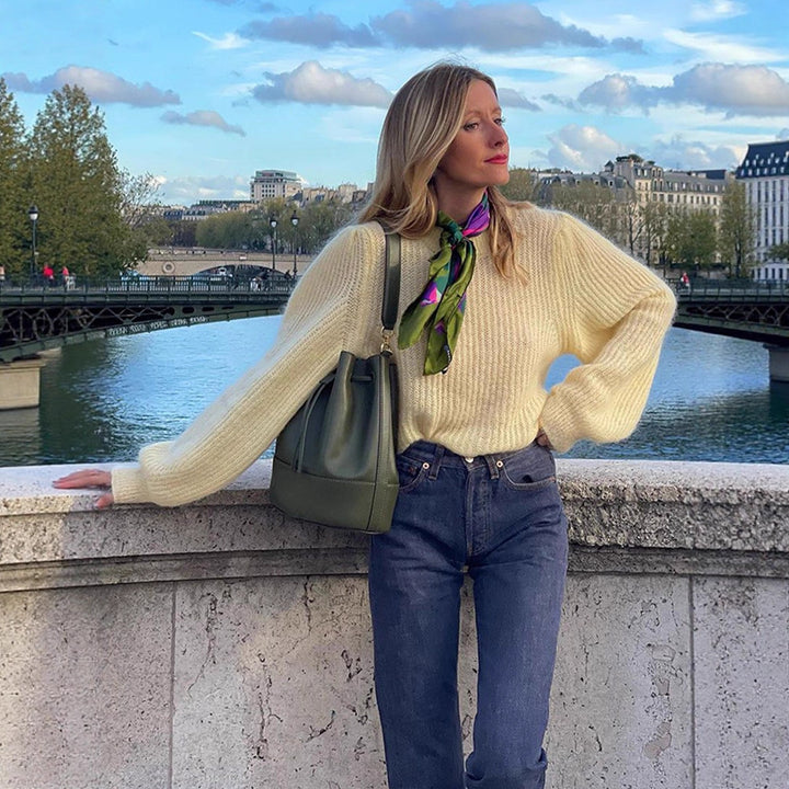 Women's Oversize Mohair Blend Sweater with Balloon Sleeves and Fine Rib Structure Mune Fashion