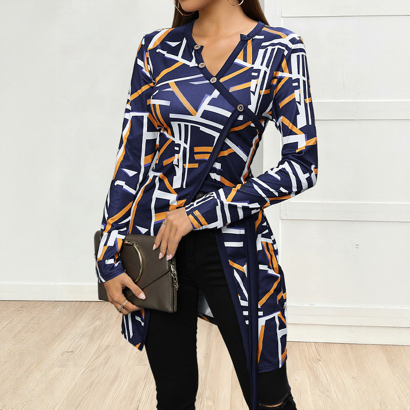 Women's Asymmetrical Long Sleeve Tunic Shirt with Diagonal Button Placket and Side Slits Mune Fashion